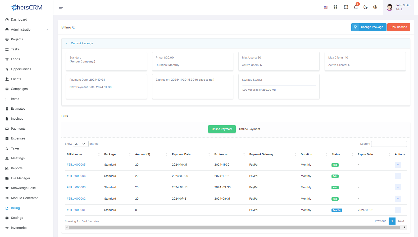 Comment Changer L'abonnement De L'outil ChetsCRM?